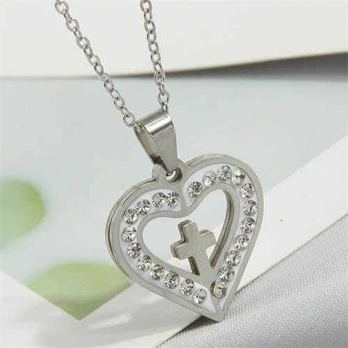 Rhinestone Rimmed Christ Cross Heart Pendant Stainless Steel Wholesale Fashion Necklace - Silver A392-fane7723