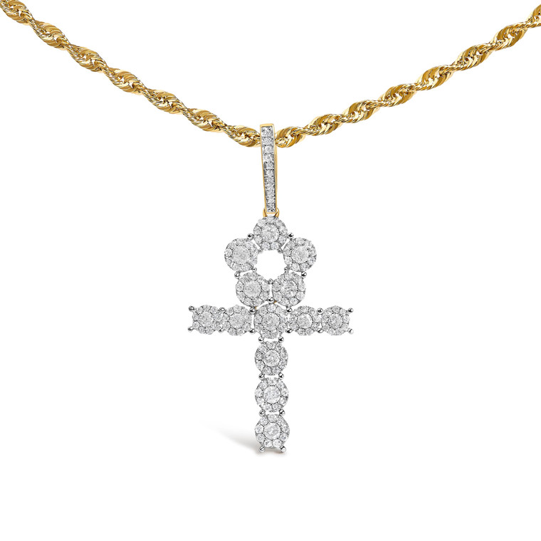 Men's 10K Yellow Gold 1 3/4 Cttw Diamond Cluster Ankh Cross Pendant Necklace - 18" Inches N162-81-7784YDM