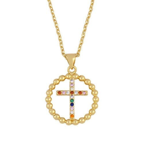 U.S. Rhinestone Cross Inlaid Hollow-out Round Shape Pendant Classic Design Golden Women Copper Whol A392-fane6950