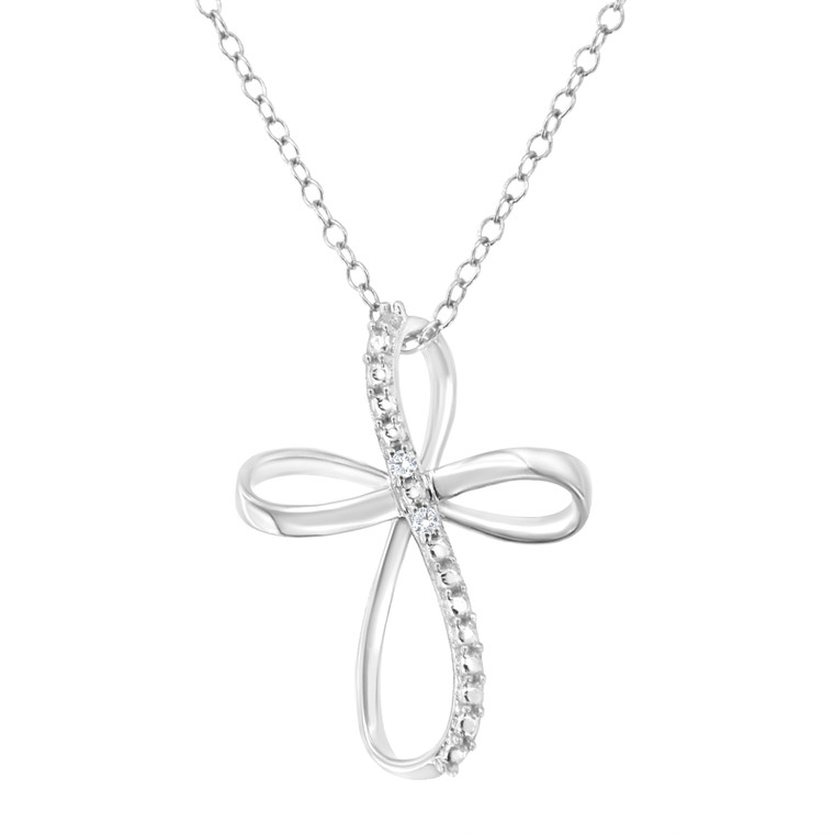 .925 Sterling Silver Diamond Accent Cross Ribbon 18" Pendant Necklace (I-J Color, I2-I3 Clarity) N162-80-7681WDM