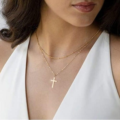 Dual Layers Beads Decorated Simple Fashion Cross Pendant Wholesale Women Costume Necklace - Golden A392-fane7571