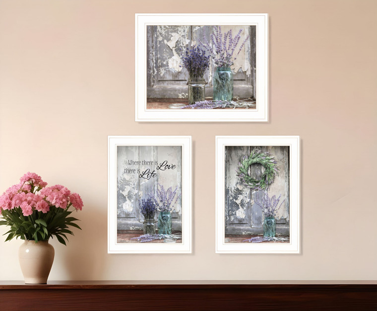 Set Of Three Love Life And Lavender White Framed Print Wall Art N270-408015