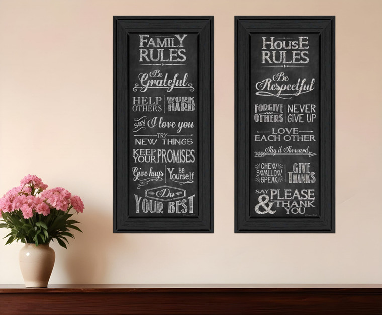 Set Of Two Family and House Rules Black Framed Print Wall Art N270-405713