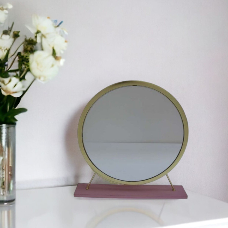 19" Faux Fur, Mirror, Pink & Gold Finish Round Makeup Shaving Tabletop Mirror N270-485939