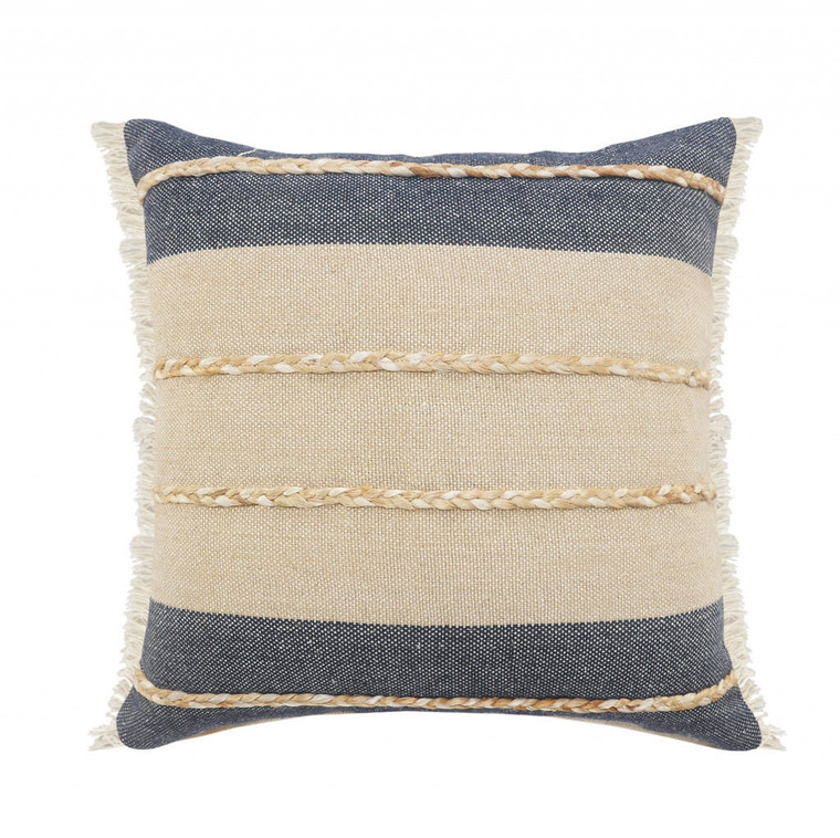 24" X 24" Denim Blue Tan And Taupe Jute Coastal Zippered Pillow N270-516725