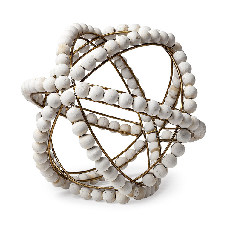 11" White Wood Bead And Gold Orb Sculpture N270-392511