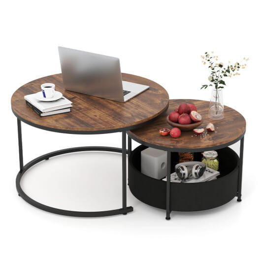 Round Coffee Table Set of 2 Circle Cocktail Table with Storage Basket - Color: Brown D681-JV11986CF
