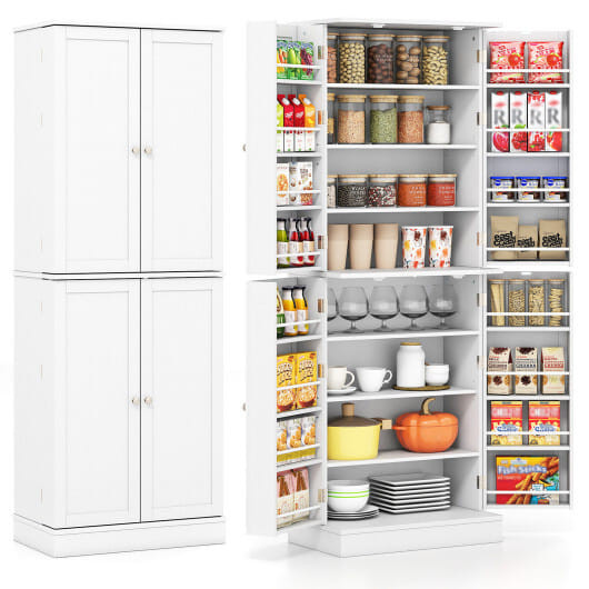 Kitchen Pantry Cabinet 65.5 Inch Freestanding Tall Buffet Cupboard-White - Color: White D681-KC58349WH+