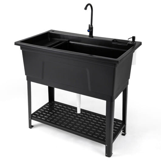 100L Utility Sink Laundry Tub with Rotating Faucet and Storage Shelf-Black B593-KC59568US