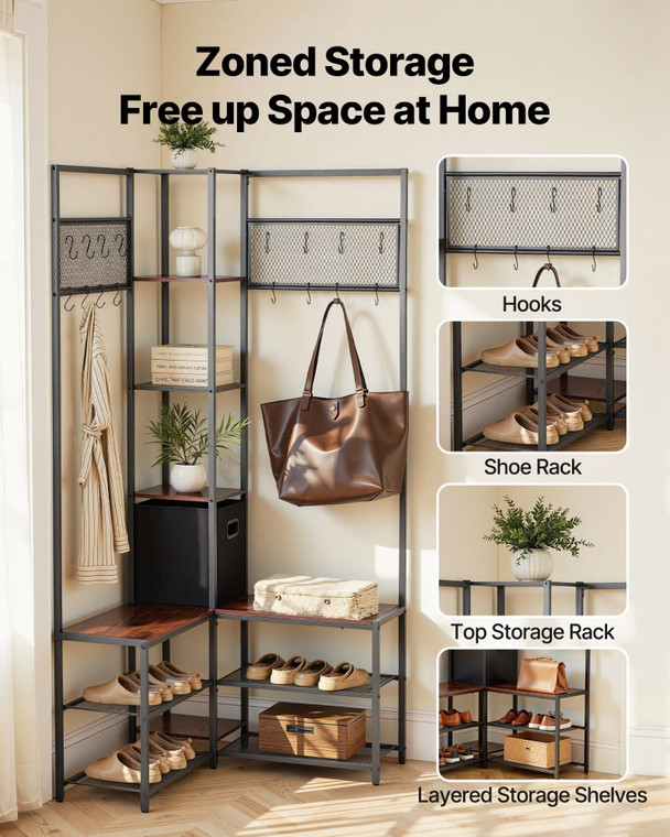 Corner Hall Tree with Shoe Bench, 70.9 in Coat Rack with Hooks and Steel Frame, Freestanding Clothe E415-TYDGNYMJZJXKPQJ57001V0
