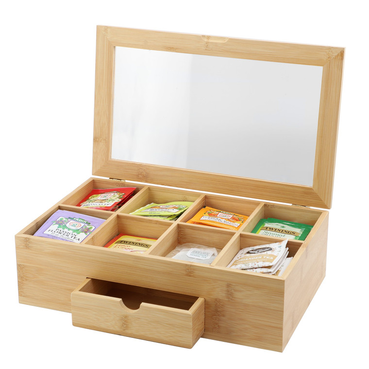 MegaChef 13 x 8 Inch Bamboo Tea Box Organizer with Acrylic Top Window D970-MC-B104
