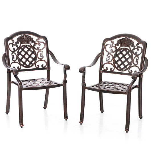 Patio Cast Aluminum Dining Chairs Set of 2 Metal Armchairs Stackable-Copper - Color: Copper D681-NP11470WN-2