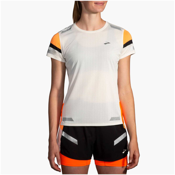BROOKS Women's Run Visible 2.0 Ecru/Fluoro Flash/Black Short Sleeve Shirt