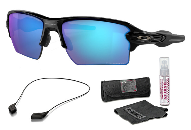 OAKLEY Flak  XL Polished Black/PRIZM Sapphire Polarized Sunglasses with  Lens Cleaning Kit & Leash