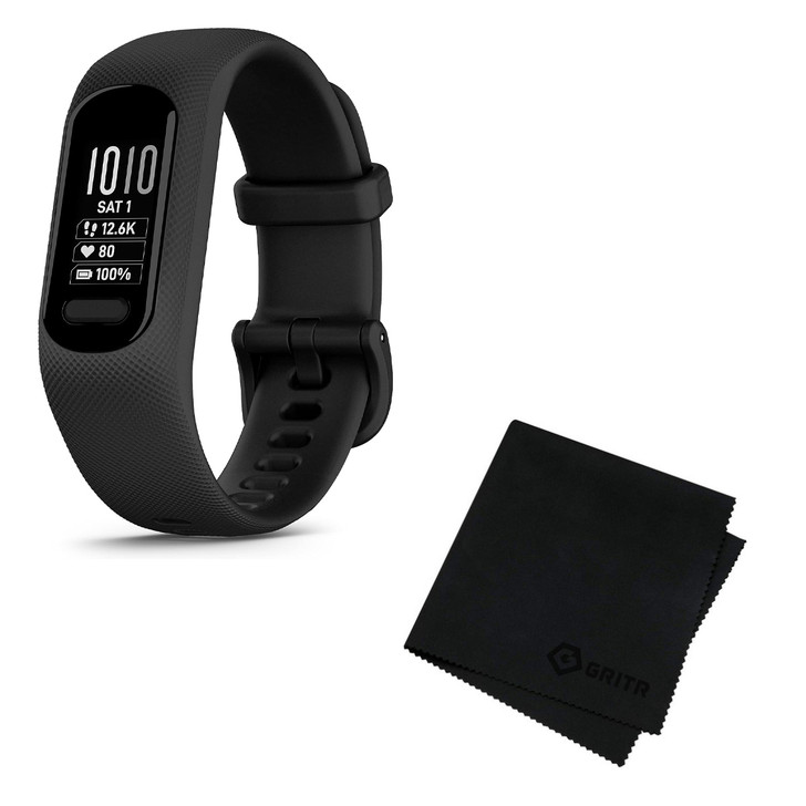 GARMIN Vivosmart 5 Black/Black S/M Fitness Activity Tracker with Gritr  Microfibre (010-02645-00+GRIT-MF)