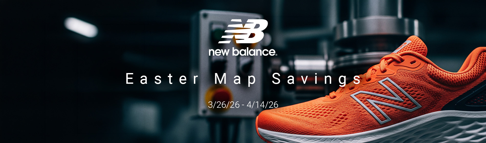 graphic, red new balance shoe with a gym on the background