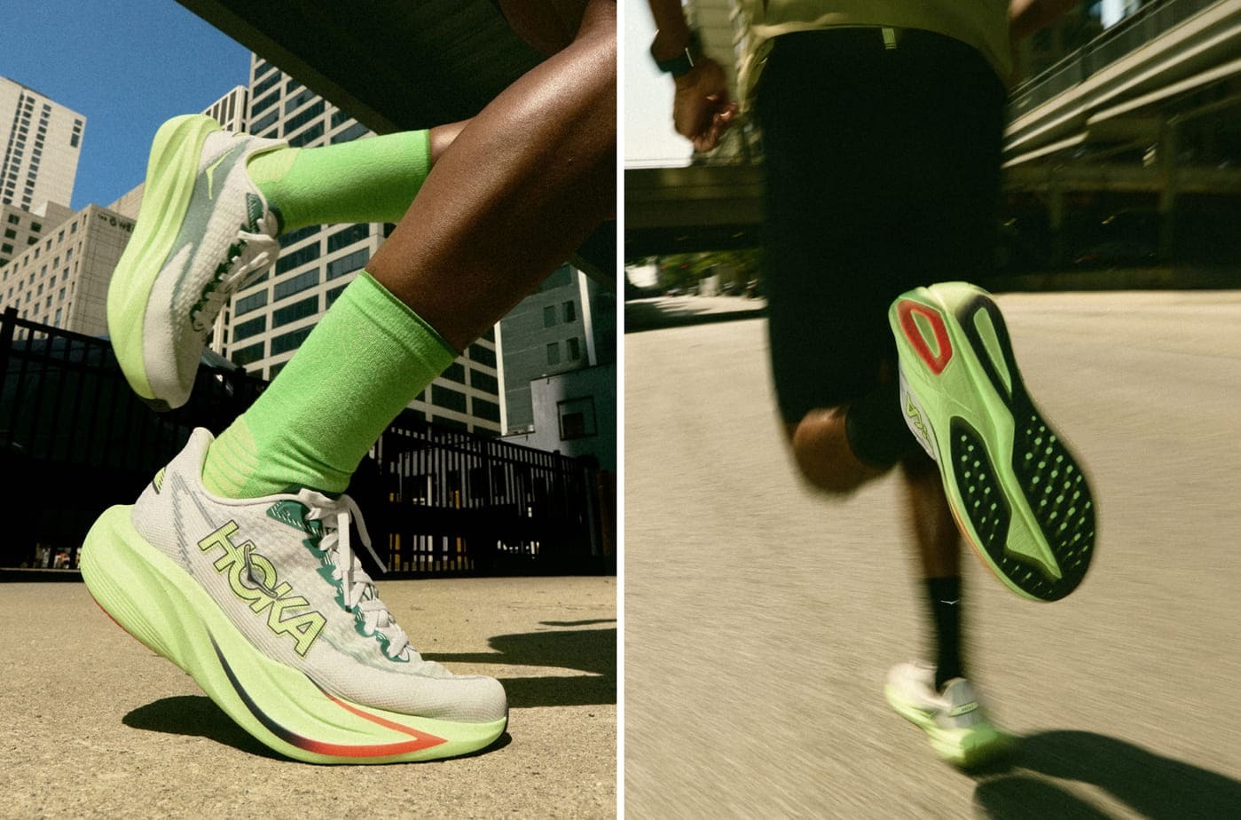 banner divided into two showing hoka mach 7 neon from the outer and sole