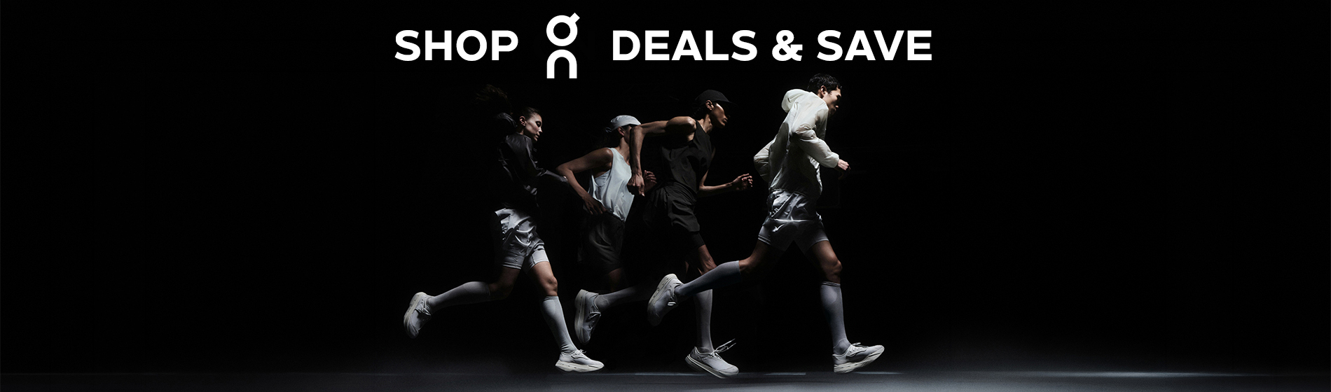 graphic, four runners in light-colored athletic apparel sprinting in a line against a dark black background, text, SHOP ON Footwear DEALS & SAVE