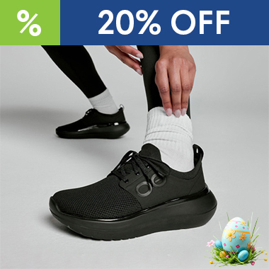 graphic, feet in black running shoes and white socks