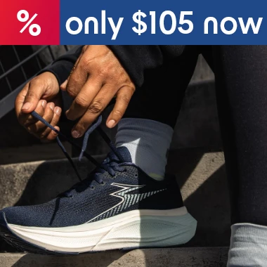 Graphic, person tying 361 Degrees Phoenix dark running shoes with branded leggings, text, 361 Degrees Kairos 3, Lynx & Phoenix Running Shoes - for $105 only