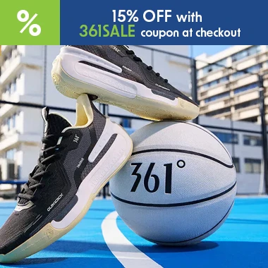 graphic, two black and white 361 Degrees athletic shoes resting on a white basketball on an outdoor blue court, text, Save 10% on 361 DEGREES Non-Sale Styles with Code 361SALE
