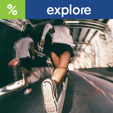 graphic, blurred action shot from behind of people running on an asphalt path showing the bottom of their ALTRA shoes, text, FIND YOUR PERFECT ALTRA SHOES - Explore Current Offers