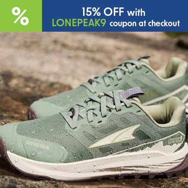 Graphic, green ALTRA Lone Peak 9 running shoes on rocky surface, text, ALTRA Lone Peak 9 & Lone Peak 9+ extra 15% OFF  with code ALTRA15 at checkout