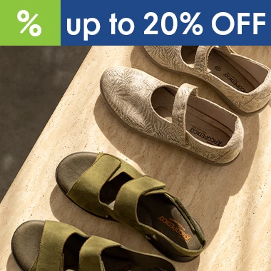 graphic, overhead view of olive green Arcopedico strap sandals and light beige patterned slip-on shoes resting on a sunlit stone surface, text, Up to 20% OFF ARCOPEDICO Footwear