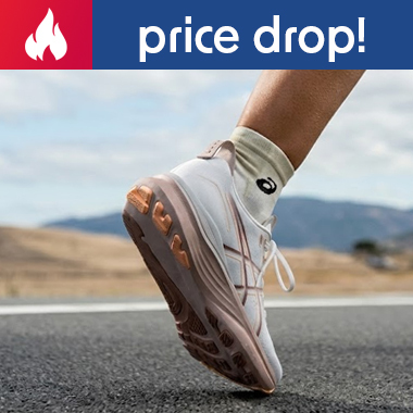 Graphic, close-up of a runner's foot wearing a white and rose gold Asics shoe lifting off the road, text, ASICS Sale: Gel-Kayano 32 wide and narrow widths  - Explore the Deals