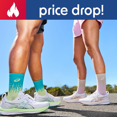 Graphic, two pairs of legs wearing colorful socks and ASICS Gel-Kayano 32 running shoes outdoors under blue sky, text, ASICS Sale: Gel-Kayano 32 wide and narrow widths  - Explore the Deals