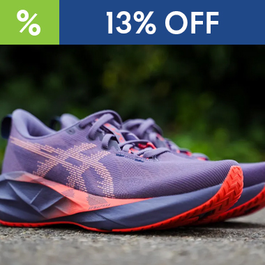 graphic, close-up of a pair of purple and bright orange Asics running shoes resting on pavement, text, Price drop: Experience ASICS Novablast 5 Running Shoes for $129.95 - save 13%!