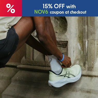 graphic, close-up of a person's leg resting on a stone step while tying the laces of a light green ASICS running shoe, text, Meet the all-new ASICS Novablast 6 and enjoy a launch-only 15% discount with code NOV6 at checkout