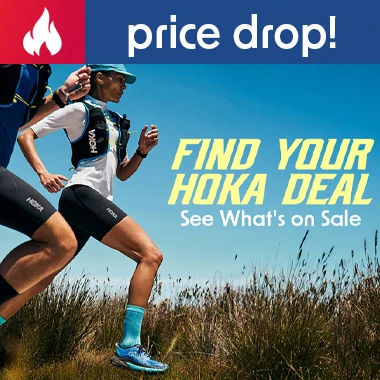 Graphic, two people trail running through tall grass under a clear blue sky wearing athletic apparel, hydration vests, and blue Hoka running shoes, text, BIG HOKA SALE - Styles from $48: Bondi 9, Challenger 8 & 8 GTX, Gaviota 6, Hopara 2, Ora Mule, Ora Slide, Speedgoat 7, Mach 7 & Transport 2