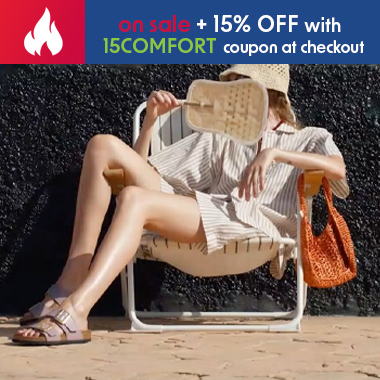 graphic, a person relaxing in a white folding beach chair against a black textured wall wearing a striped shirt, a woven hat, and light purple Birkenstock sandals while holding a woven fan over their face, with an orange woven bag hanging on the chair's armrest, text, FALL FOR BIRKENSTOCK DEALS: Styles on Sale from $32 + 15% OFF Full-Price Styles with Code 15COMFORT