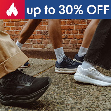 Graphic, three pairs of legs walking on sidewalk in front of brick wall, text, up to 30% OFF Select BROOKS Models: Save on Hyperion 3, Hyperion Max 3 & Ghost Max 3