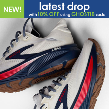 Graphic, Brooks Ghost 18 running shoes limited edition in white with navy and red accents and brown sole displayed for promo, text, Meet the all-new BROOKS Ghost 18 and enjoy a launch-only 10% discount with code GHOST18 at checkout