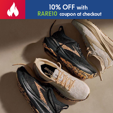 Graphic, limited‑edition Brooks footwear set featuring black and beige pairs with unique detailing, text, EXCLUSIVE RUNS: Save 10% OFF on BROOKS Limited Edition Colorways — use code RARE10 at checkout