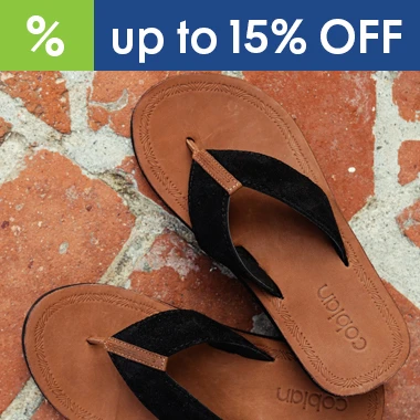 graphic, a pair of brown leather Cobian flip-flops with black straps resting on a red brick surface, text, Save on COBIAN Sandals & Flip Flops
