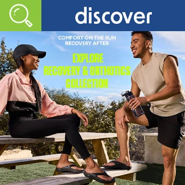 Graphic, two people outdoors near picnic table wearing sandals and casual athletic clothing, text, Comfort On the Run. Recovery After — Explore Recovery & Orthotics Collection