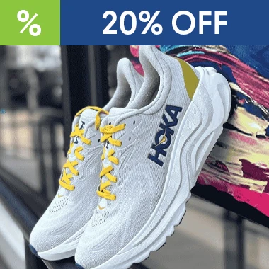 graphic, a pair of white HOKA Arahi 8 running shoes with yellow laces resting on a black railing against a colorful abstract background, text, Don’t miss the 20% OFF deal on select HOKA Arahi 8 Running Shoes
