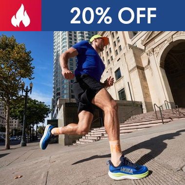 Graphic, person running in city environment wearing blue shirt and blue HOKA Skyflow Running Shoes, text, HOKA BIG Skyflow Sale - 20% OFF!