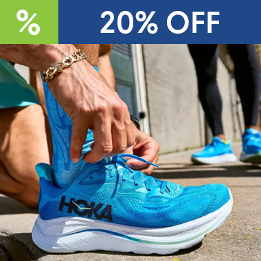 Graphic, close‑up of person tying laces on bright blue HOKA Clifton 10 running shoe on outdoor sidewalk with another runner in background , text, HOKA Clifton 10 Sale - 20% OFF Select Colors