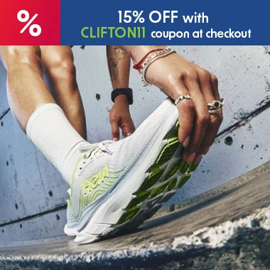 graphic, close-up of a person stretching and holding the heel of a white HOKA running shoe with bright green accents on the sole, text, Meet the all-new HOKA Clifton 11 and enjoy a launch-only 15% discount with code CLIFTON11 at checkout