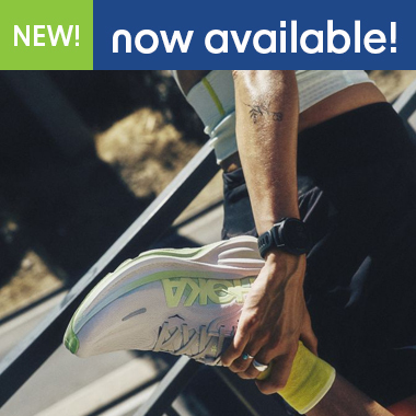 graphic, close-up of a person stretching their leg and holding a white and neon green HOKA Clifton PRO running shoe, text, Your Next-Level Trainer Is Here - Discover the all-new HOKA Clifton PRO today! now available