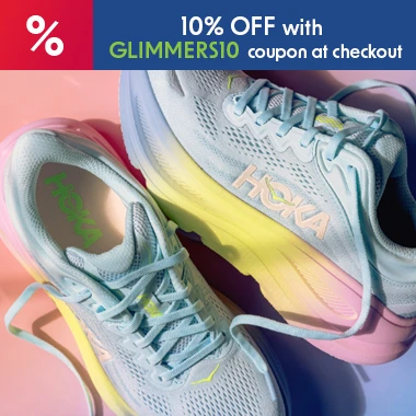 graphic, overhead close-up of light blue HOKA running shoes with a pastel pink and yellow gradient on the sole resting on a multi-colored pastel background, text, Add a Little Glow to Your Run - enjoy 10% OFF HOKA Glimmers Colorways with code GLIMMERS10 at checkout