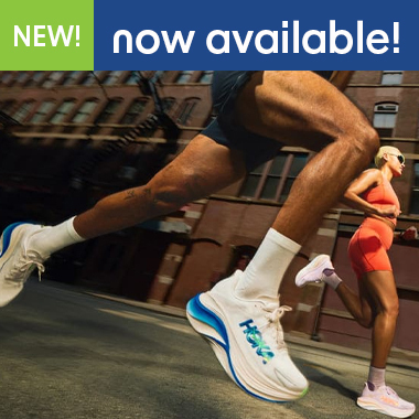 Graphic, two runners on city street with focus on white HOKA Skyward X 2 running shoes in foreground, text, Be the first to experience the Hoka Skyward X 2 – it’s the drop!