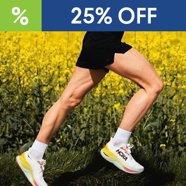 Graphic, close‑up of runner’s legs in HOKA Skyward X running shoes near field of yellow flowers, text, HOKA Skyward X on Sale! 25% OFF – now just $169.00! Grab yours! 