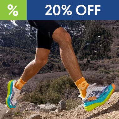 graphic, close-up of a runner's legs wearing bright teal and orange HOKA Stinson 7 shoes on a rocky dirt trail with mountains in the background, text, HOKA Stinson 7 Sale - 20% OFF