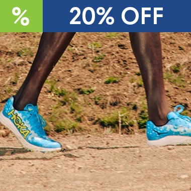 graphic, close-up of a runner's legs on a dirt path wearing bright blue HOKA Unisex Crescendo XC running shoes with yellow lettering, text, HOKA Unisex Crescendo XC 20% OFF