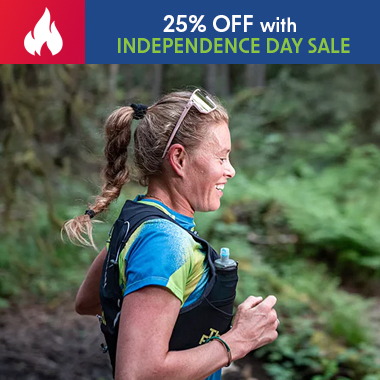 graphic, a smiling woman running in a forest wearing NATHAN hydration vest and sunglasses on her head, text, NATHAN SPORTS Independence Day Offer: Enjoy 25% off select models